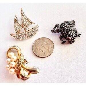Brooch Lot of 3 Silver Tone Marcasite Frog Golden Rhinestone Sailboat & Pearls